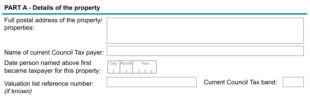 Part A of the form: the property's address, the Council Tax payer's name, the date they became the payer, the valuation list reference and the current band