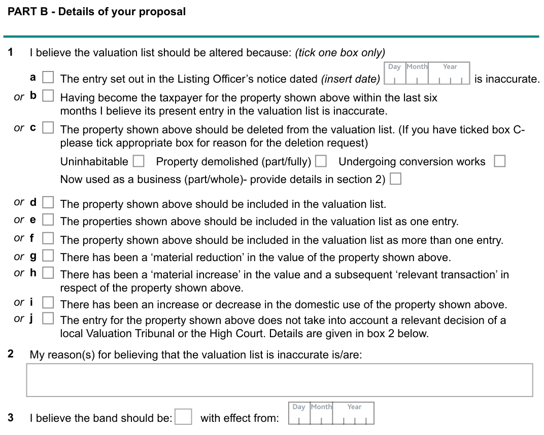 Part B of the form: question 1 with boxes a to j, box 2 for your reasons, and question 3 for the band you think is right and the date it should apply from