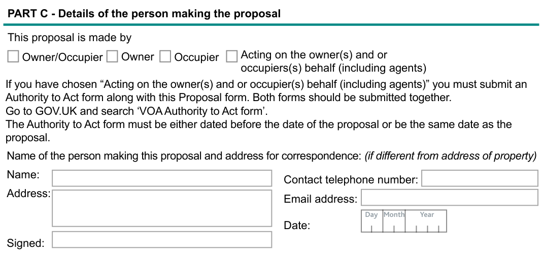 Part C of the form: who is making the proposal, their name, address and contact details, and the signature and date