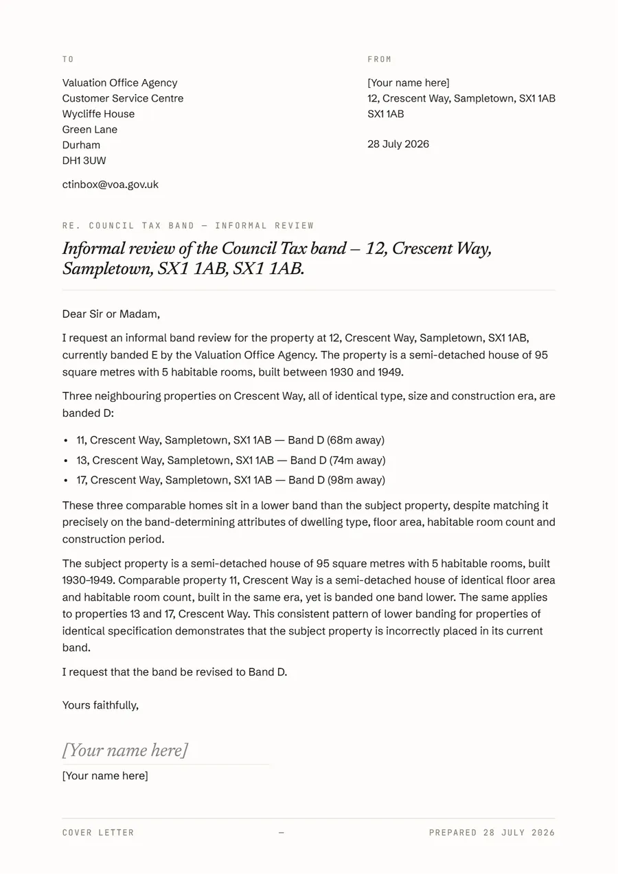 First page of the sample cover letter, addressed to the Valuation Office Agency, setting out the case for a lower band.
